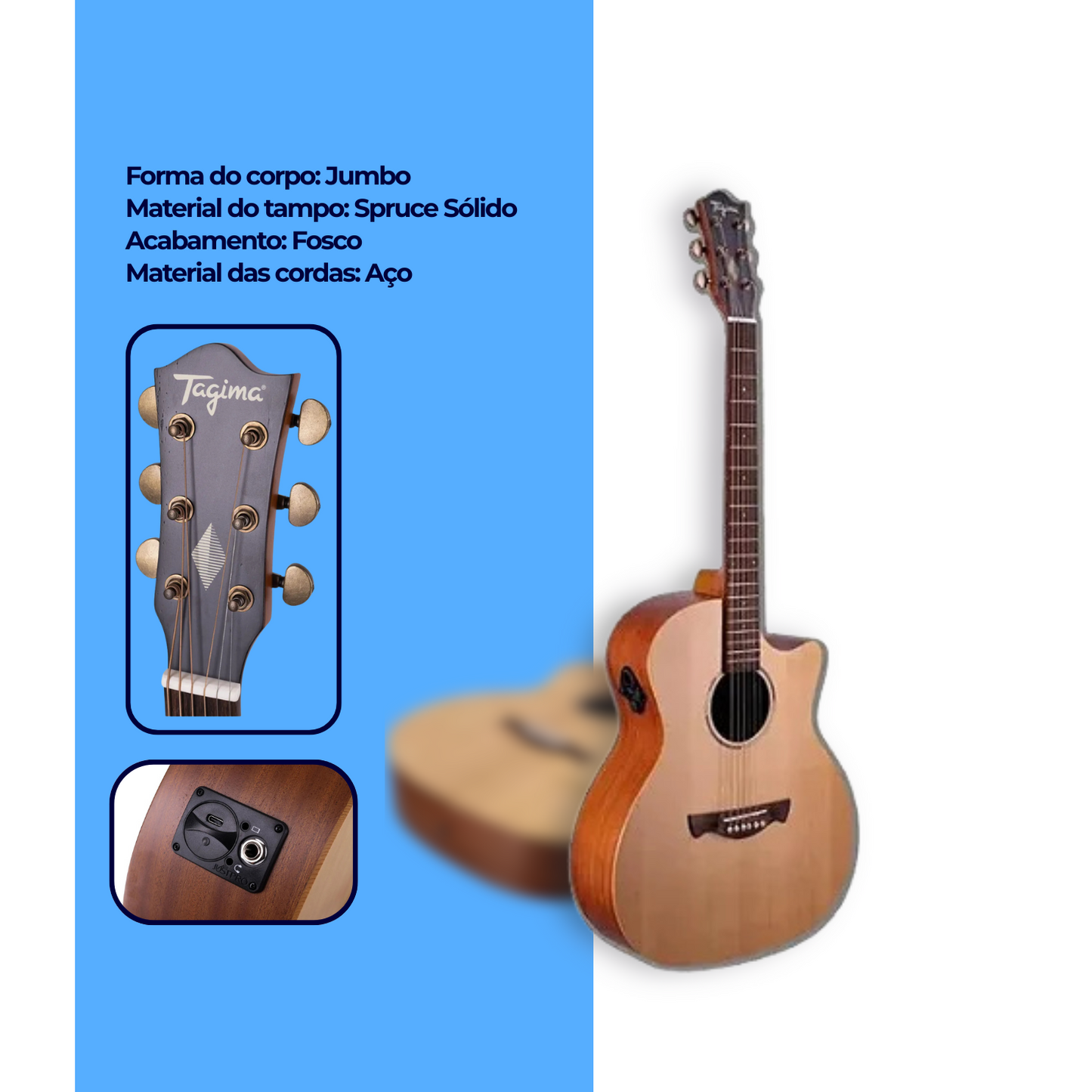 Tagima Frontier NTOP Medium Jumbo Steel Acoustic Electric Guitar with EQ, Solid Spruce, Sapele
